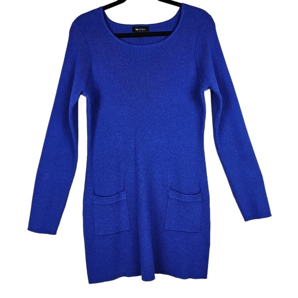AB Studio Womens XL Blue Sweater Dress Long Sleeve Ribbed Knit Pockets - Picture 1 of 6